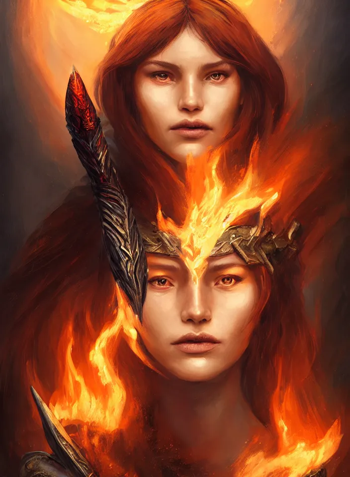 Image similar to a face portrait of a beautiful girl as a fire sorceress from skyrim, fantasy setting, beautiful face, serene colors, soft lighting, atmospheric, cinematic, moody, in the style of diego koi, gina heyer, luiz escanuela, art by alyssa monk, hyperrealism, rule of thirds, golden ratio, oil on canvas, 8 k