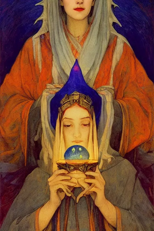 Image similar to queen of the twilight with her lantern and regalia, by Annie Swynnerton and Nicholas Roerich and jean delville, dramatic cinematic lighting , ornate headdress , flowing robes, lost civilizations, extremely detailed