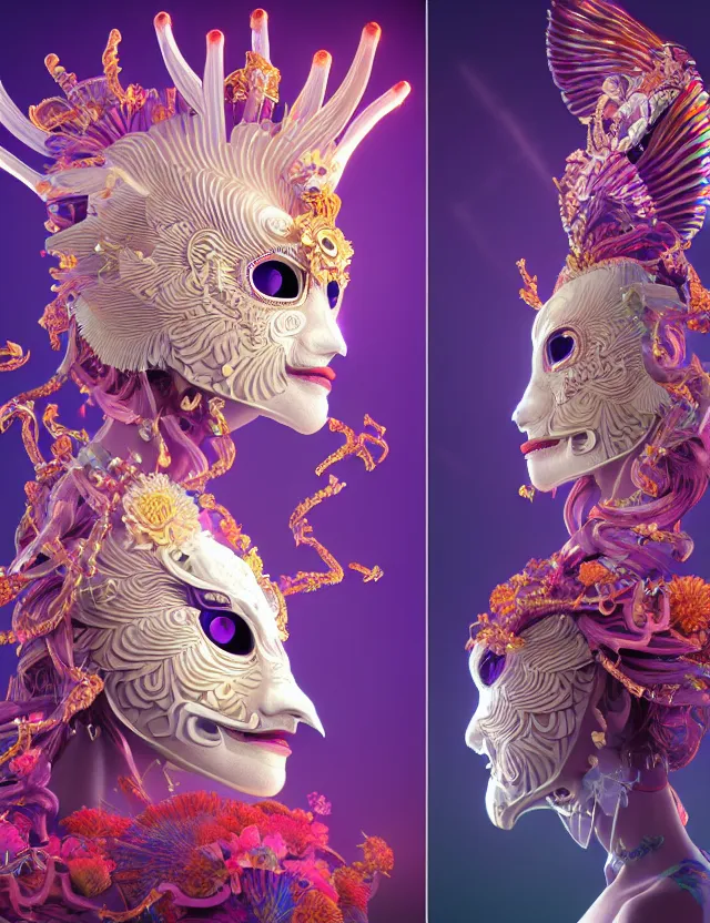 Image similar to 3 d goddess close - up profile portrait with crown, ram skull. beautiful intricately detailed neon japanese crow kitsune mask and clasical japanese kimono. betta fish, jellyfish phoenix, bio luminescent, plasma, ice, water, wind, creature, artwork by tooth wu and wlop and beeple and greg rutkowski