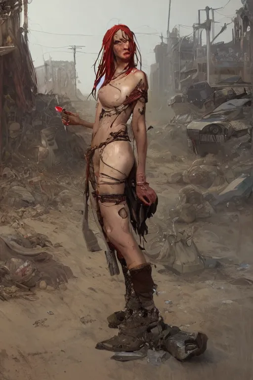 Image similar to a full body portrait of a beautiful post apocalyptic offworld butchers district bedouin blind pulp fiction scarlet wild rogue barbarian leper begging by the roadside, intricate, elegant, highly detailed, digital painting, artstation, concept art, smooth, sharp focus, illustration, art by krenz cushart and artem demura and alphonse mucha