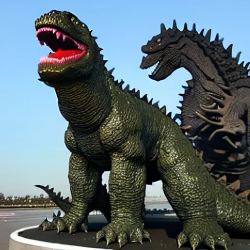 Image similar to high quality 3 d printed statue of godzilla stomping on cars