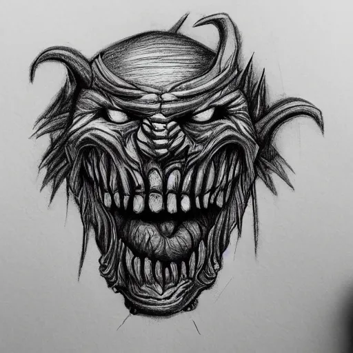 Image similar to a hand drawn pencil sketch of a monster black and white illustration