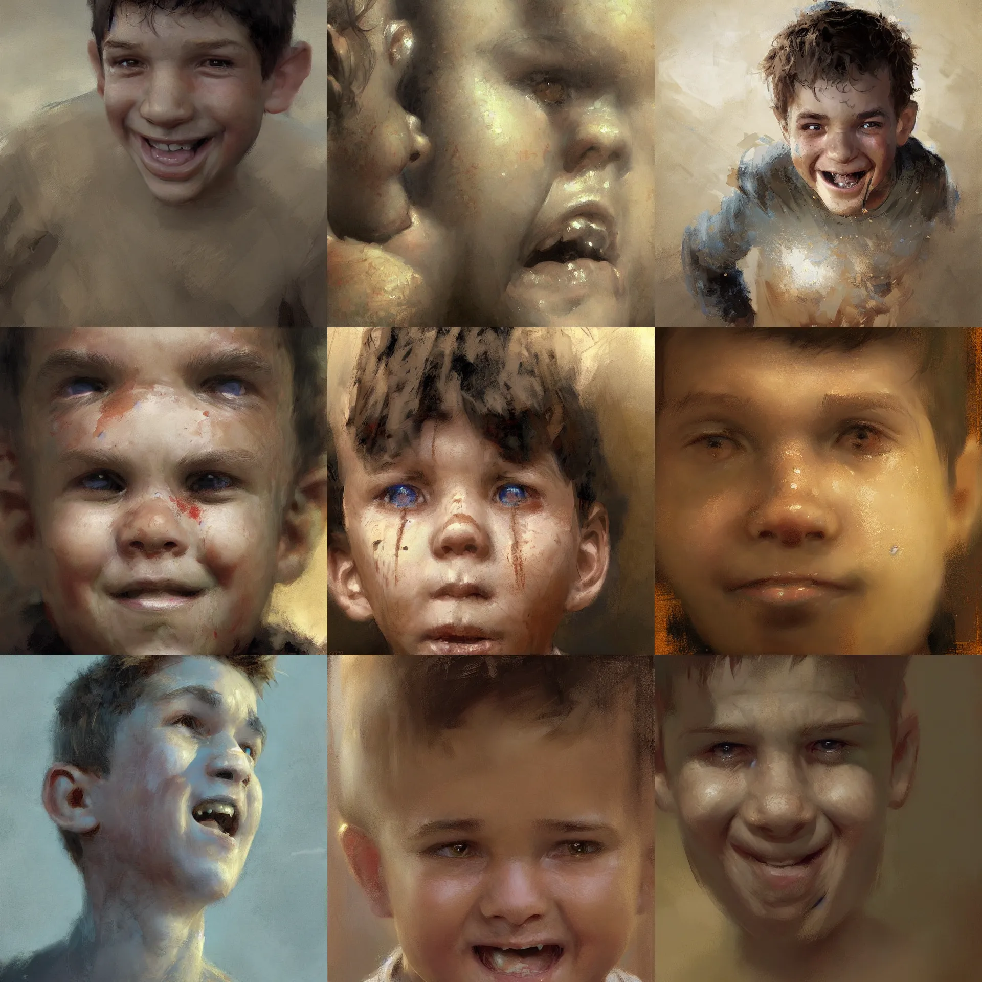 Prompt: digital art painting of a young happy boy playing around painted by craig mullins and gaston bussiere and greg rutkowski, symmetrical face, defined facial features, symmetrical facial features, dramatic lighting, close up