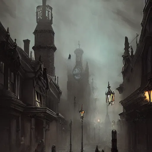 Image similar to dark fantasy Victorian city, digital art, concept art, trending on artstation, highly detailed, grim atmosphere, volumetric lighting