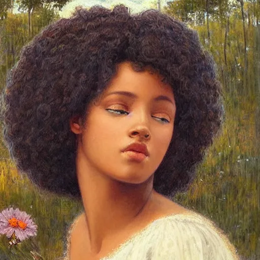 Image similar to east african woman with curly hair, dark skin, beautiful face, solid backdrop, simple, fedosenko roman, j. w. godward, jose miguel roman frances, intricate details, countryside, dreamy, impressionist, figurative