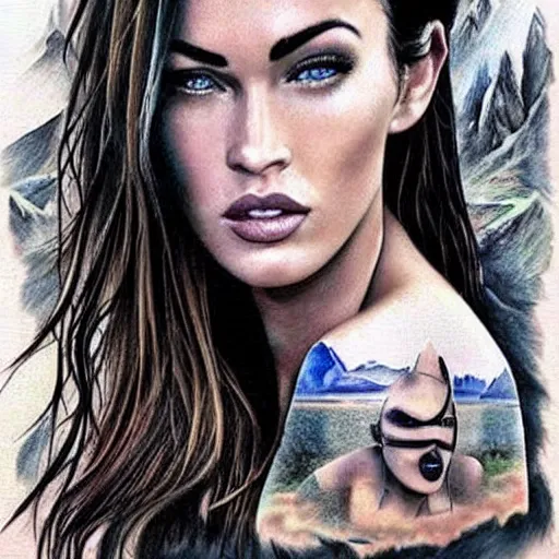 Image similar to realistic tattoo sketch of megan fox face double exposure with a mountain scenery, in the style of matteo pasqualin, amazing detail, sharp