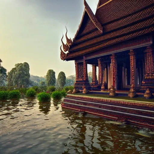 Image similar to 1 6 k unreal engine render of an ancient never seen before thailand high detail temple. complex architecture with intricate pilars. high detailed water., river, jungle background. afternoon light. hyper realistic render, digital illustration, trending on art station