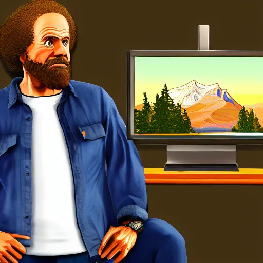 Image similar to Bob Ross as a character in GTA V, cell shaded loading screen art