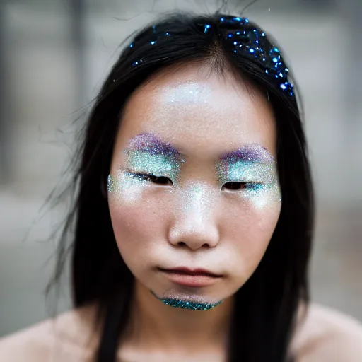 Prompt: Close-up of an young asian woman's face, wearing glitter. Photography, Canon. Award Winning.