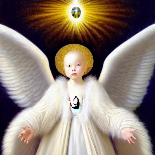 Image similar to highdetailed hyperrealistic painting of white angel!!! no gender!!!, giant ball of miracle light from the chest!!!!!, white sparkles everywhere, 4 k hd fur face!!!, big wings, by jan van eyck, holography space, glow effect, large strokes, white monochrome color!!!!!