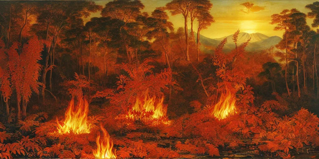 Prompt: A flaming forest , flaming leaves,Magma,flame stones are scattered, flame ferns, flame shrubs, huge flame Fantasy plant,covered in flame porcelain vine,by Frederic Edwin Church