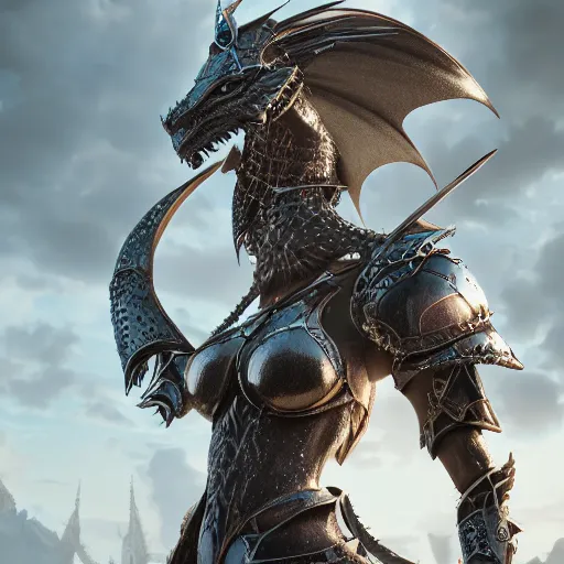 Prompt: highly detailed realistic stunning shot of a beautiful anthropomorphic female knight but as a dragon, doing a majestic and elegant pose, armor made of steel, sharp claws, HD octane render, epic cinematography, fantasy, Artstation, Deviantart, Furaffinity