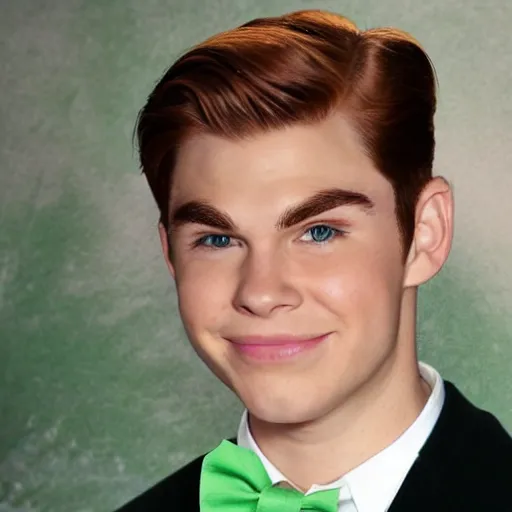 Prompt: Archie Andrews wearing a green bow tie and a black sweater, realistic photo, portrait, high detail