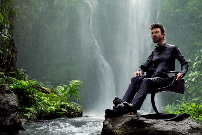 Image similar to movie closeup young man with a grey beard in a cyberpunk suit sitting on a futuristic chair at the edge of a jungle waterfall by emmanuel lubezki