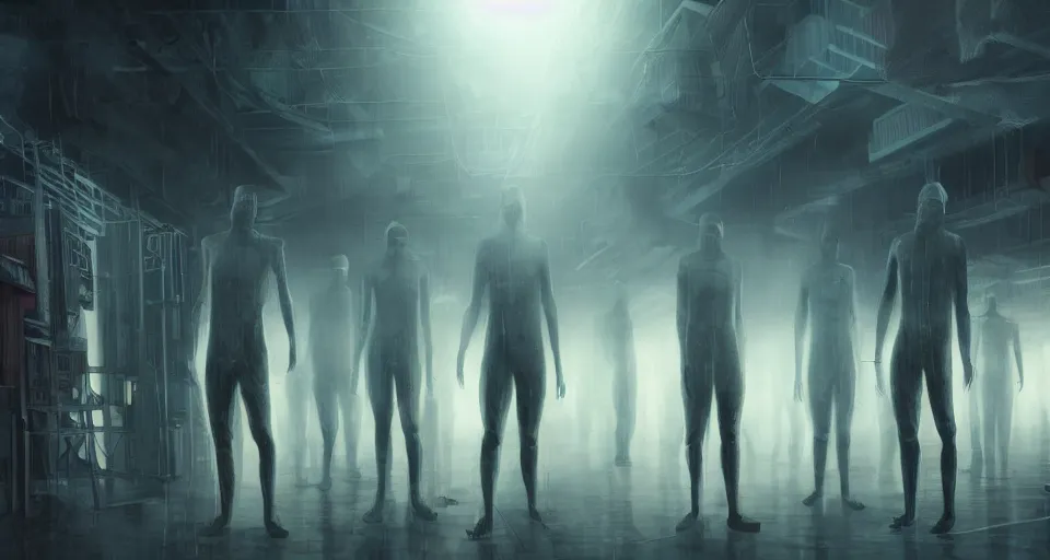 Image similar to illustration of rows of limp human bodies growing like fruit on display in a cold warehouse, refrigerated storage facility, rolling fog, cyberpunk, dystopian, dramatic lighting, unreal engine 5, colorful