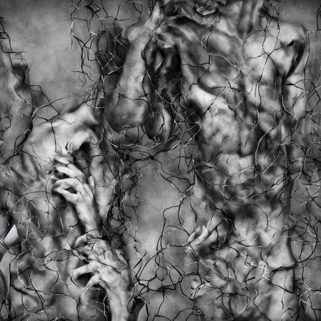 Prompt: monochrome faceless man praying, vines are growing on his body, death, photorealistic, monochrome, hyper realism, unreal engine, trending in artstation