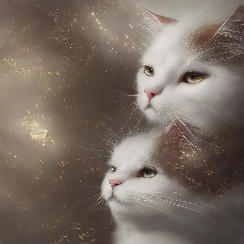 Prompt: amazing exquisite matte painting, close - up portrait of a white fluffy cat, sacred,, shimmer, exquisite detail huge details, gold detailed line work, by xision and yukii morita,, james jean, trending on artstation