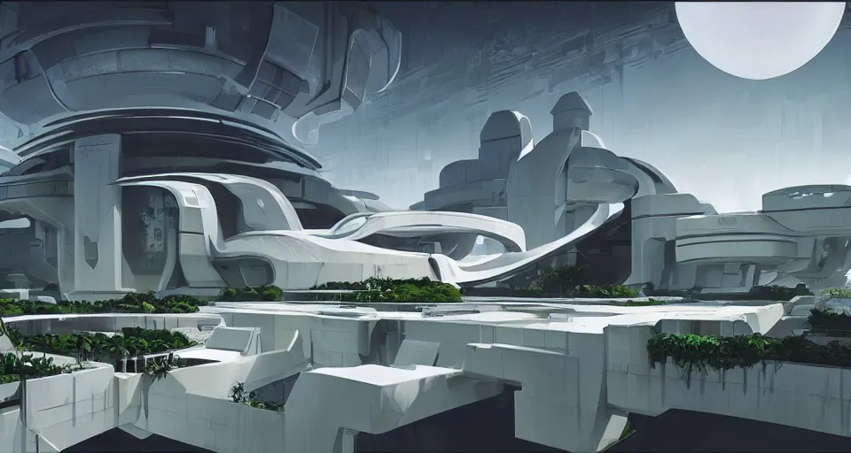 Prompt: elegant sci - fi castle with white walls overlooking a sleek futuristic city surrounded by greenery, syd mead, luxurious, cinematic, expansive, concept art, matte painting, artstation trending