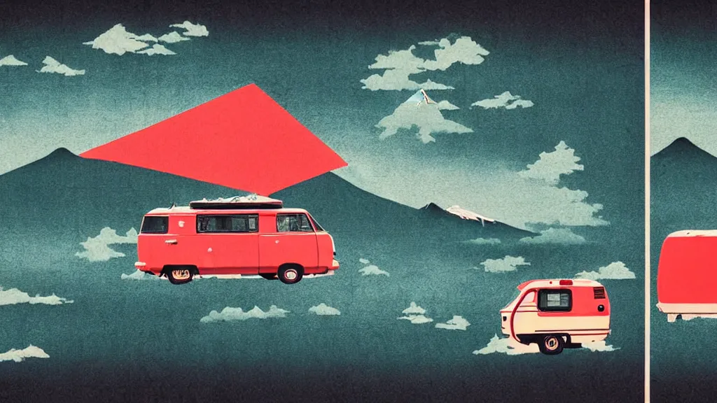 Image similar to japan various natural splendor and rural camper touring, a representational non - abstract collage painting, in the style of wes anderson, lola dupre, david hockney, isolated on negative space background dark monochrome neon spraypaint accents volumetric octane render