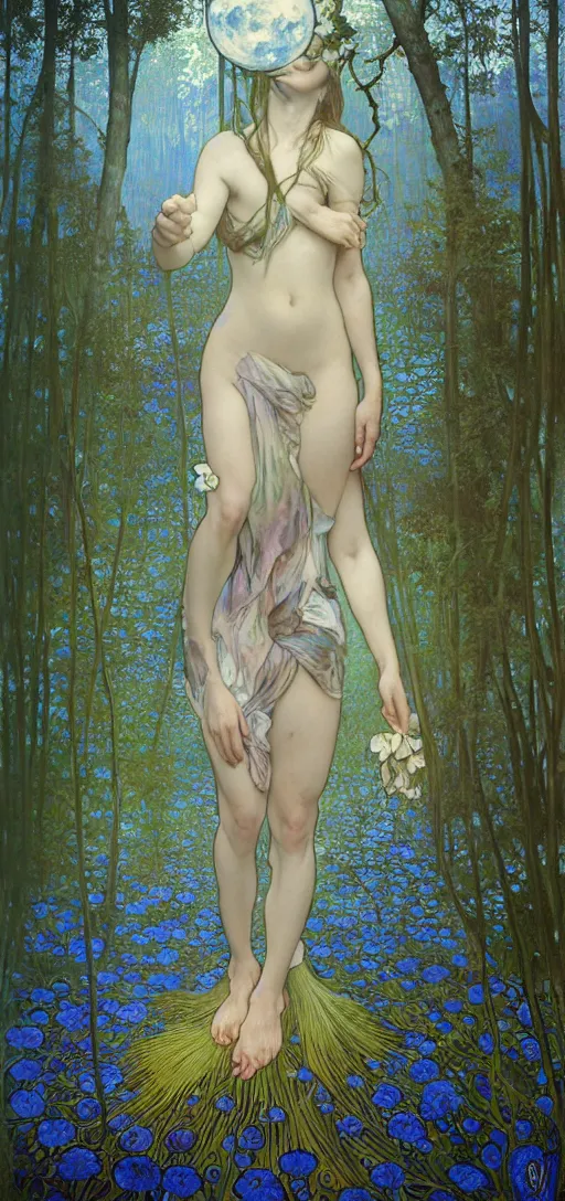 Prompt: painterly dreamy Kupala Night in the blue forest with trees which have eyes, giant flowers, glowing owls, deers, women, lianas, thistles, giant fantasy creatures, a stream and sky with moon and stars by Alphonse Mucha, Alex Grey, Aron Wiesenfeld and Giger dark fantasy, witcher, very detailed oil painting in the alla prima style, masterpiece, 8k