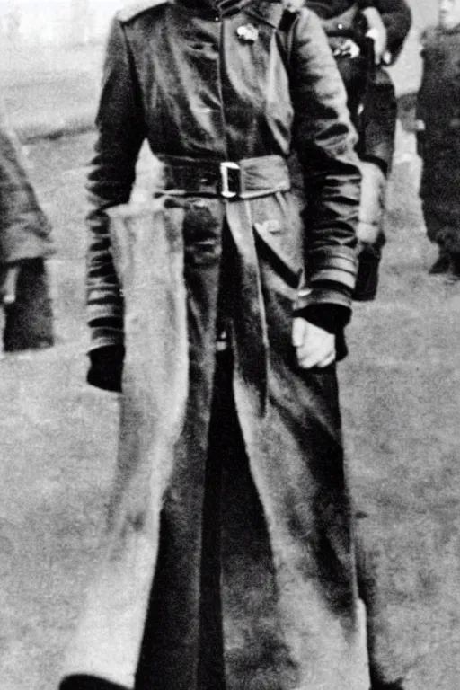 Image similar to photograph of soviet commissar, comrade emma watson, standing in a long leather coat, vintage revolution photograph, famous photo from kgb archives