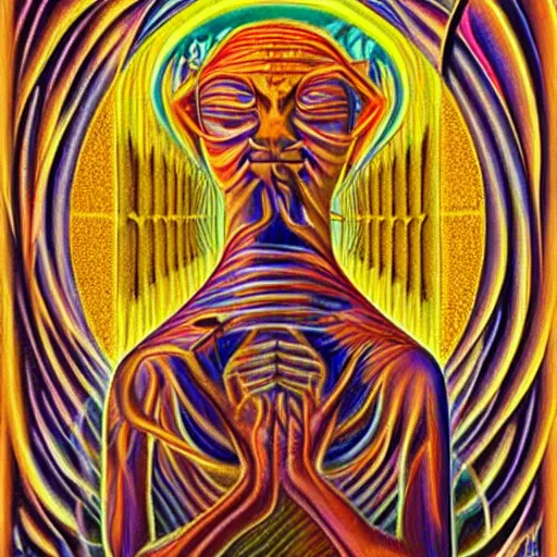 Image similar to cat having an ego trip, by alex grey