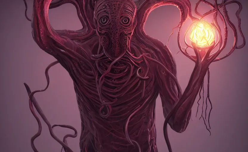 Image similar to nyarlathotep, artstation hq, stylized, symmetry, modeled lighting, expressive, studio photo refined, highly detailed, hyper realistic, lovecraftian, necronomicon style