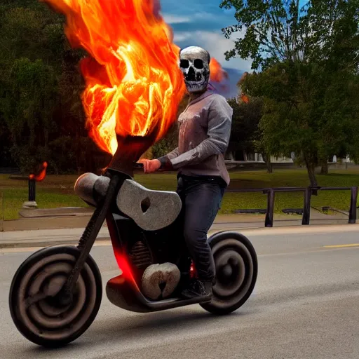 Prompt: a man with a burning skull head riding a flaming motercycle