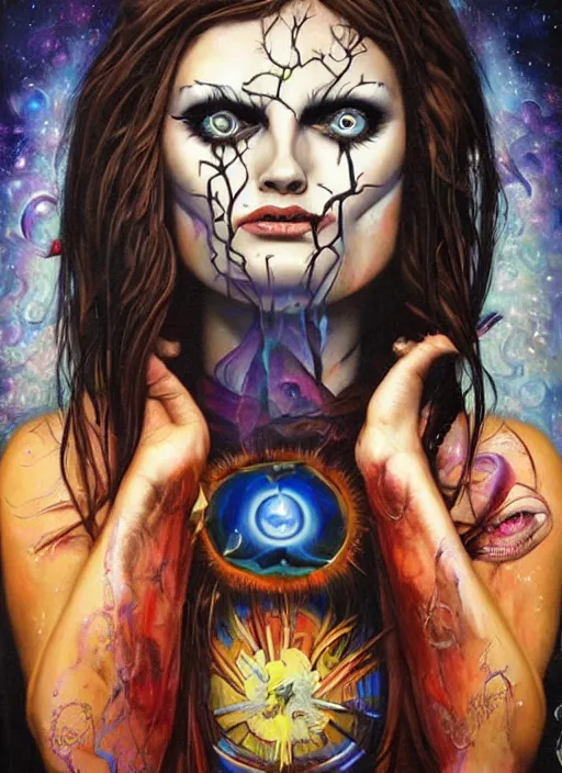 Image similar to gorgeous magic cult psychic woman smiling, third eye, subjective consciousness psychedelic, epic surrealism expressionism symbolism, story telling, iconic, dark robed, oil painting, symmetrical face, dark myth mythos, by Sandra Chevrier, Peter Kemp masterpiece