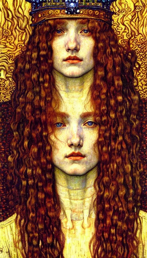 Image similar to detailed realistic beautiful young medieval queen face portrait by jean delville, gustav klimt and vincent van gogh, art nouveau, symbolist, visionary, gothic, pre - raphaelite, muted earthy colors, desaturated