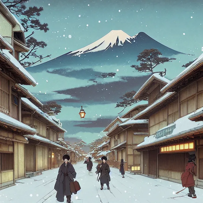 Prompt: empty rural japanese city, winter, in the style of studio ghibli, j. c. leyendecker, greg rutkowski, artem