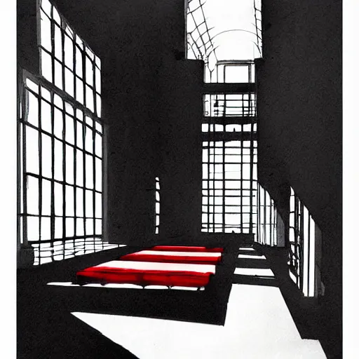 Prompt: beautiful ink sketch in black, white and red, a hall in ancient rome, by ilya kuvshinov, wlop, krenz kushart, boris vallejo, ayami kojima and ayami kojima