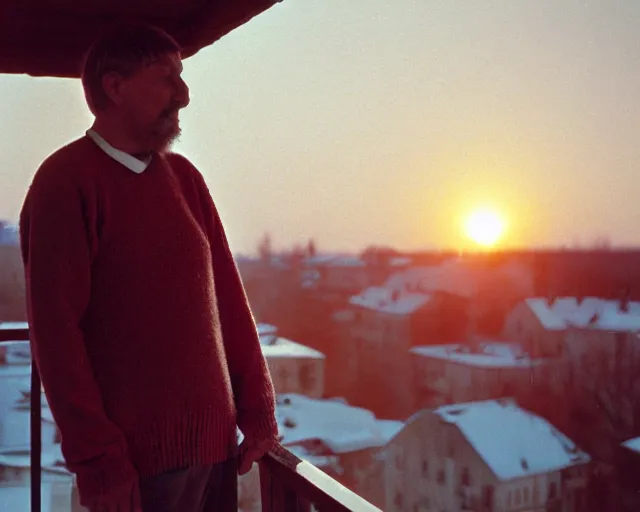 Image similar to lomographic tarkovsky film still of 4 0 years russian man with beard and sweater standing on small hrushevka 9 th floor balcony in taiga looking at sunset, perfect faces, cinestill, bokeh