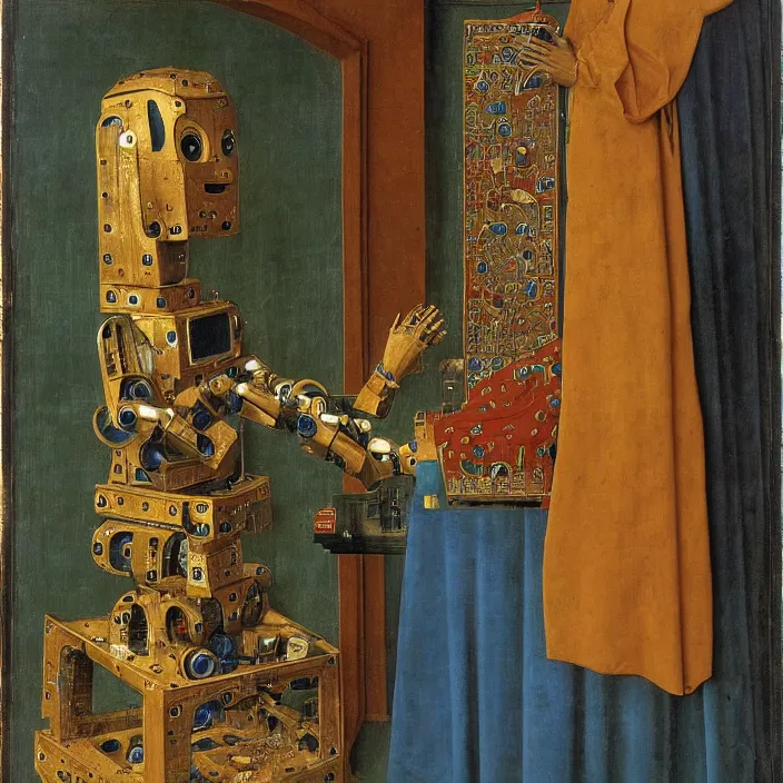 Prompt: a robot, by Jan van Eyck