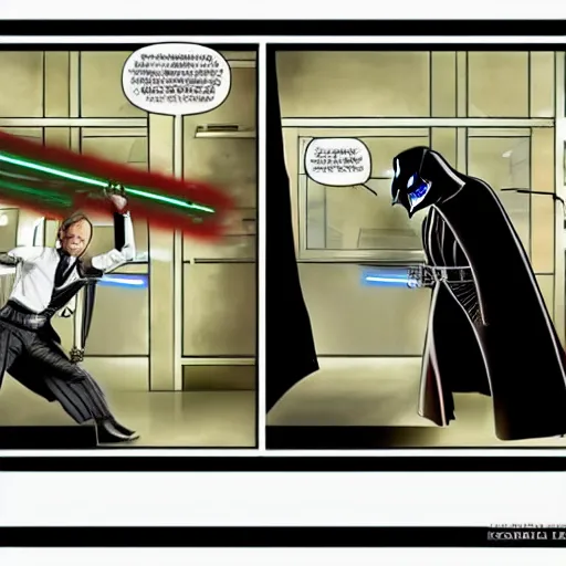 Prompt: saul goodman lightsaber duel with darth vader on the death star, highly detailed