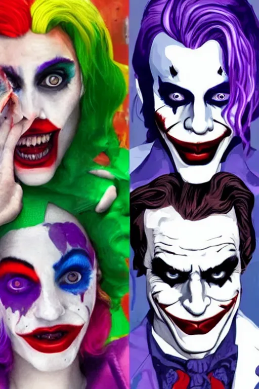 Image similar to joaquin phoenix as joker and lady gaga as harley quinn, remove duplicate content!!!!, violet polsangi pop art, gta chinatown wars art style, bioshock infinite art style, incrinate, realistic anatomy, hyperrealistic, green and purple color, white frame, content balance proportion