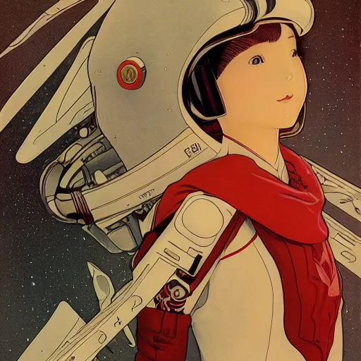 Prompt: portrait of a young astronaut girl, last exile, akihito yoshida, yoshitoshi abe, alphonse mucha, loish, murata range, pixiv, film noir, bladerunner, cinematic, cosmic,red white black color scheme, bright, studio lighting, manga, anime, vibrant, beautiful, dreamy, gradation, ((space nebula background))