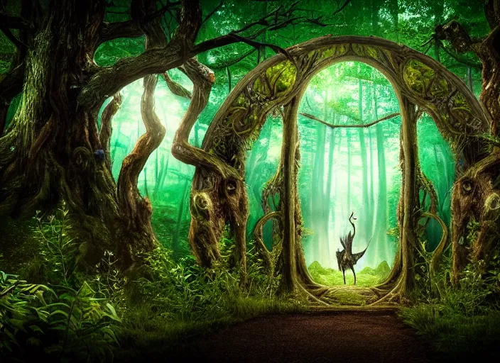 Prompt: photo of a portal to a different world with magical creatures. Forest in the background. Fantasy magic style. Highly detailed 8k. Intricate. Nikon d850 55mm. Award winning photography.