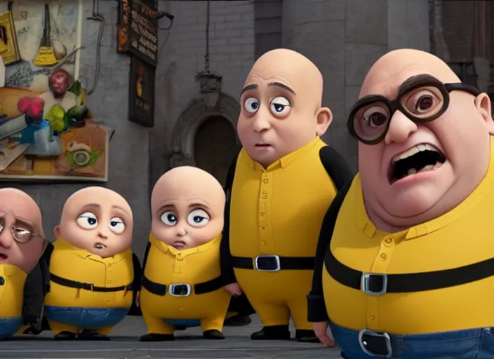 Prompt: Danny DeVito cast as Gru with his minions, still from Despicable Me 2010, high detail, 8k establishing shot,