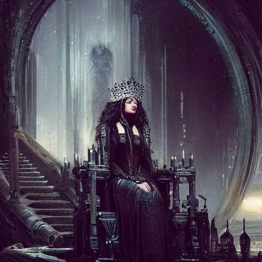 Image similar to of a beautiful black haired woman with pale skin and a crown on her head sitted on an intricate metal throne in eerie atmospheric alien worlds, epic cinematic matte painting, art by greg rutkowski