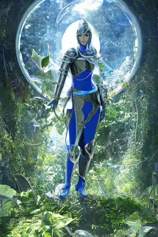 Prompt: female knight errant in a high tech botanical world with blue skies| pristine metals, glass and plants | solarpunk | artstation | | high detail | Wayne Reynolds, Vincent Callebaut