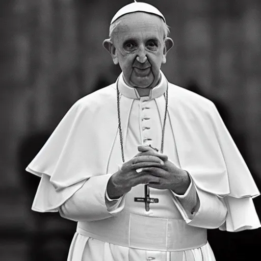 Prompt: black and white photograph of the with a frog with pope clothes