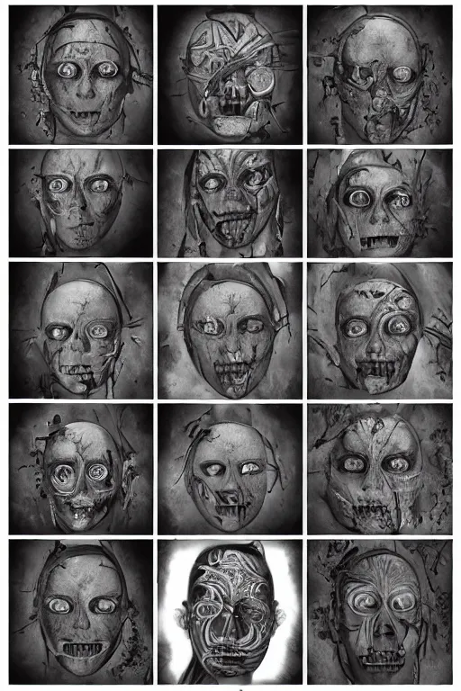 Prompt: aztec facial anatomy with gunmetal grey skin, medical anatomy, very symmetrical face, highly detailed, three - perspective / three - view reference sheet ( front / back / side ), in the style of dan ouellette, steven jung, amanda lilleston, hr giger, sil from species, dren from splice, mecha, artstation, unreal engine