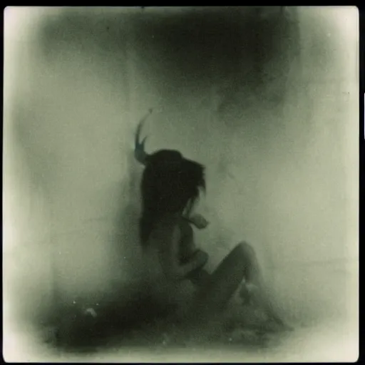 Prompt: an ancient demon-girl devouring a soul on an abandoned mad house, Colombian jungle, mist, 1910 polaroid photography, grainy film, resident evil, Black and white