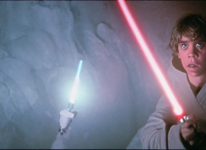Prompt: detailed protrait photo of Luke skywalker using his lightsaber to light up a dark pinks hazy ethereal cave and discover the ancient jedi texts. kubrick. screenshot from the 1985 film, Photographed with Leica Summilux-M 24 mm lens, ISO 100, f/8, Portra 400