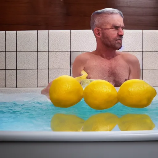 Prompt: a man in a bathtub bathing in lemons, Realism, HDR, Stock Photo, Ultra Lighting