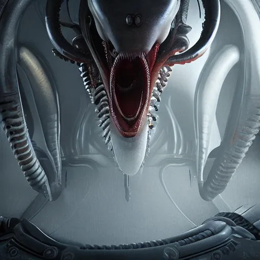 Image similar to centered photorealistic antropomorphic xenomorph inspired by Giger, sinister background, octane render, unreal engine 4k, volumetric light, fog, wide shot, detailed