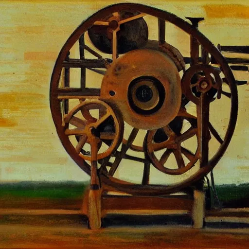 Image similar to an impressionistic painting of a wooden machine that is unrecognizable and hard to understand
