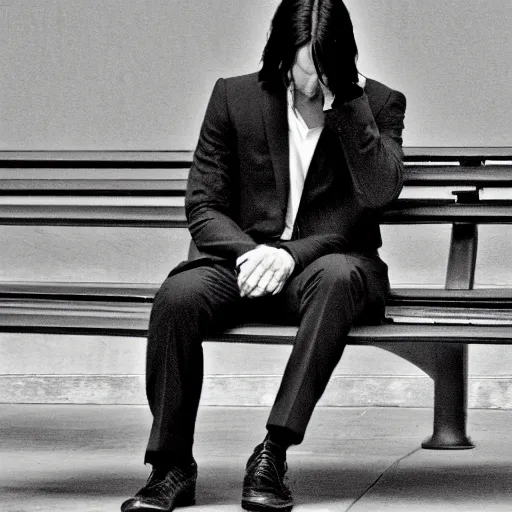 Image similar to Sad Keanu Reeves In a business black suit, sitting on a bench and sad, focus in the foreground, realism, details,