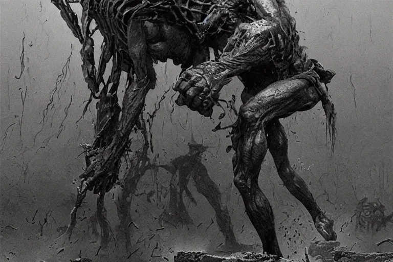 Prompt: blacksmith demon man working fleshforge of the cannibal king, digital illustration, by zdislaw beksinski